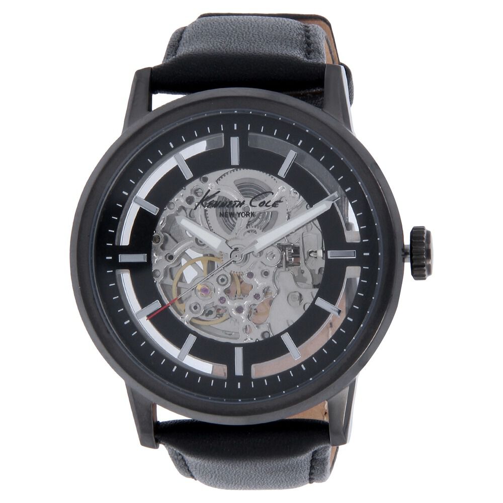 Kenneth Cole Automatic Black Dial Leather Strap Watch for Men-KC10011601MNJ