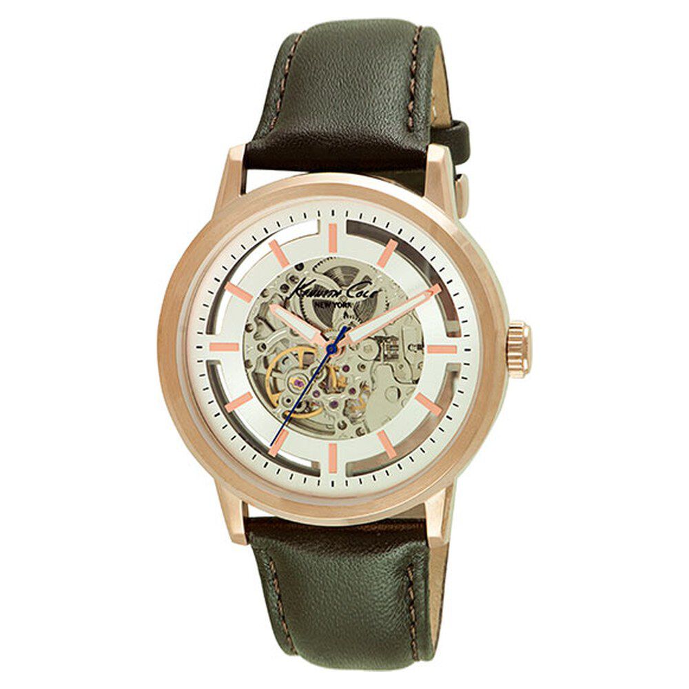 Kenneth Cole Automatic Silver Dial Leather Strap Watch for Men-NCKC10026783MN