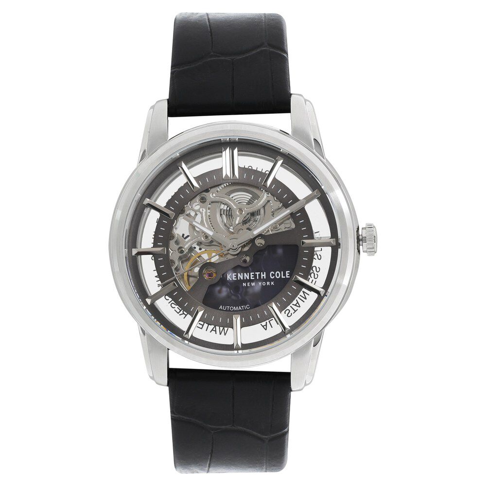 Kenneth Cole Automatic Grey Dial Leather Strap Watch for Men-NCKC15116001MN