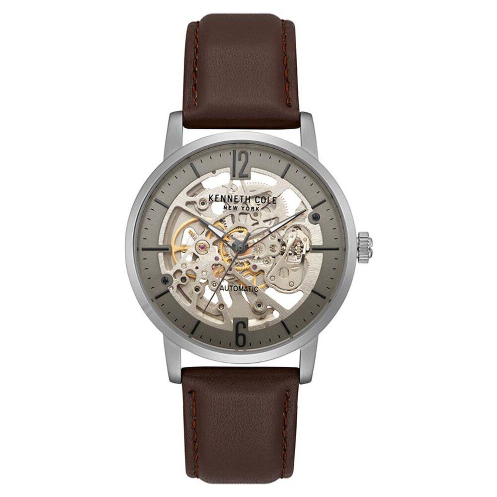 Kenneth Cole Automatic Grey Dial Leather Strap Watch for Men-NCKC50054001MN