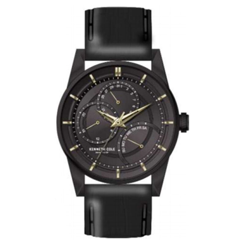 Kenneth Cole Quartz Multifunction Black Dial Leather Strap Watch For Men