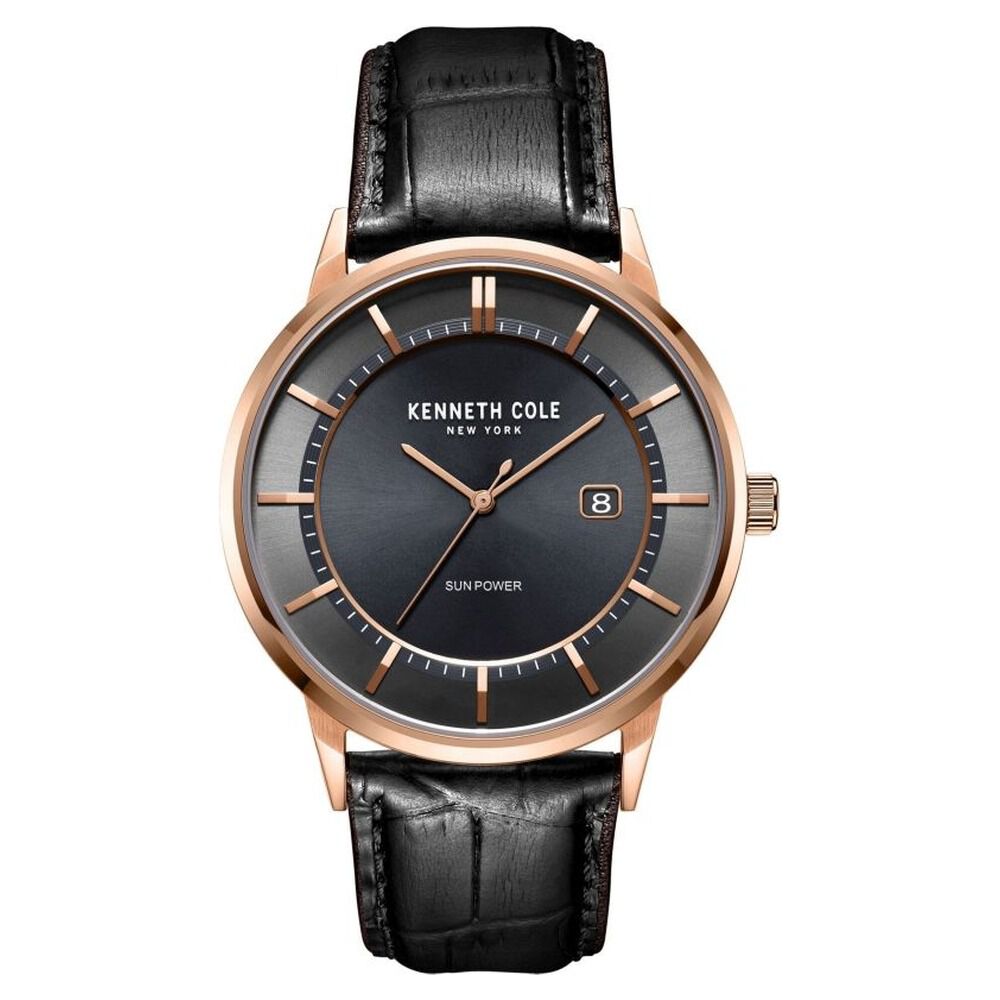 Kenneth Cole Quartz Analog Solar Grey Dial Leather Strap Watch for Men-NDKC50784004MN