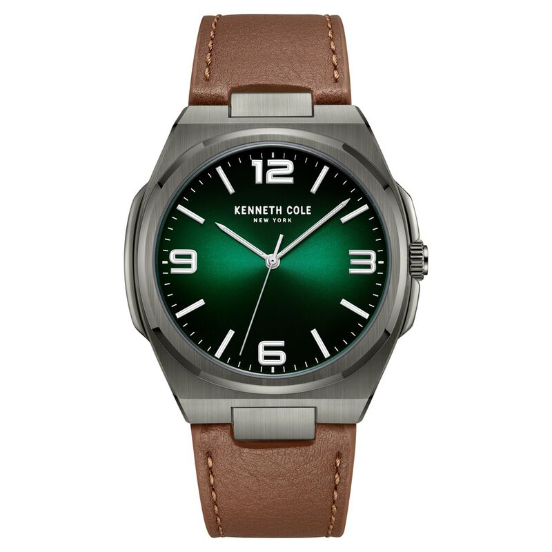 Kenneth Cole Quartz Analog Green Dial Brown Leather Strap Watch For Men