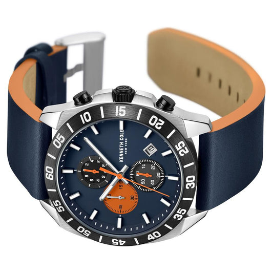 Kenneth Cole Quartz Chronograph Blue Dial Leather Strap Watch For Men
