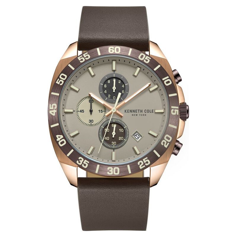 Kenneth Cole Quartz Chronograph Grey Dial Leather Strap Watch For Men