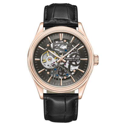 Kenneth Cole Mechanical Hand Wound Analog Mechanical Grey Dial With Black Leather Strap Watch For Men KCWGE0048904MN
