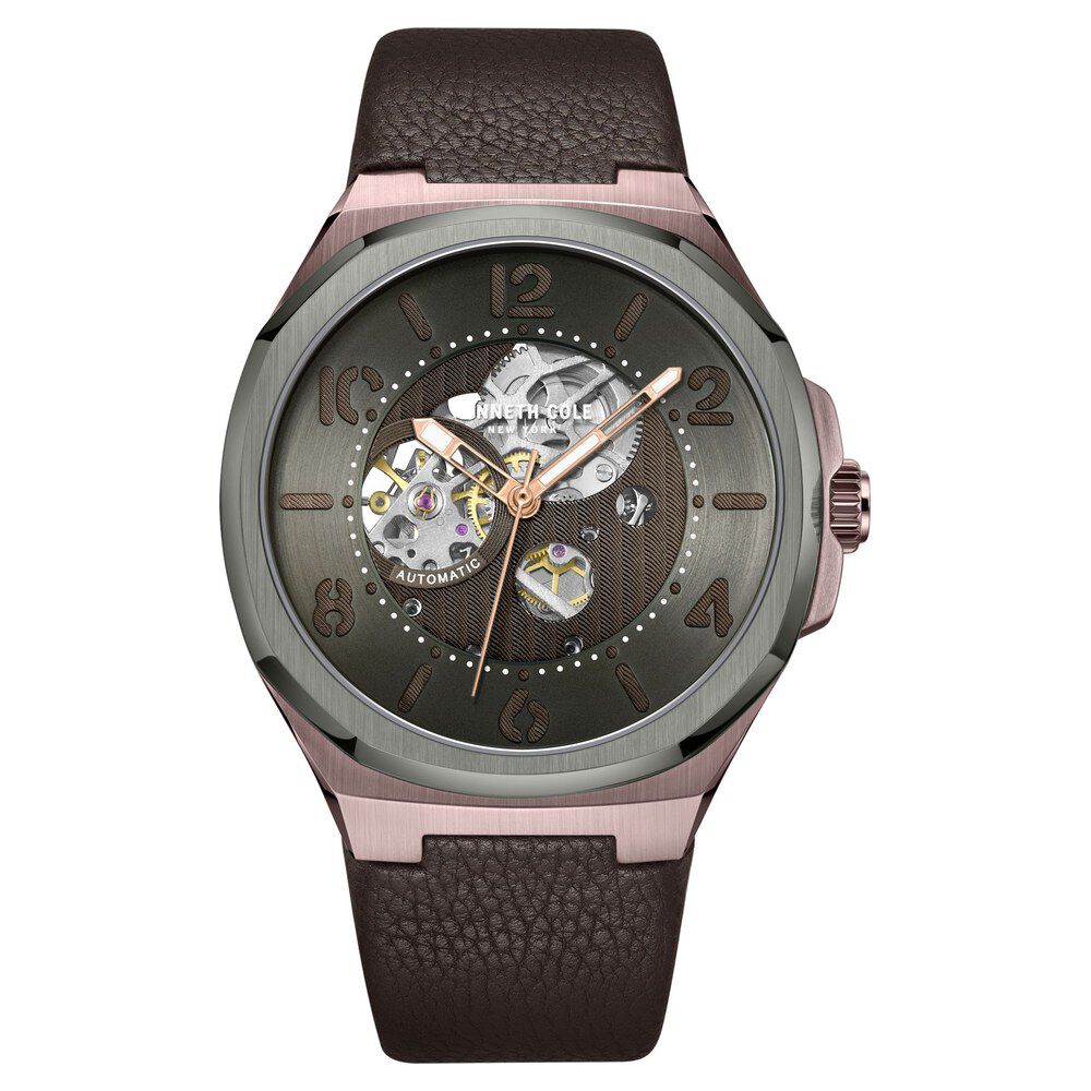 Kenneth Cole Automatic Grey Dial Brown Leather Strap Watch For Men-NTKCWGE2233103MN