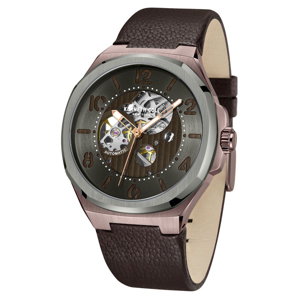 Kenneth Cole Automatic Grey Dial Brown Leather Strap Watch For Men-NTKCWGE2233103MN