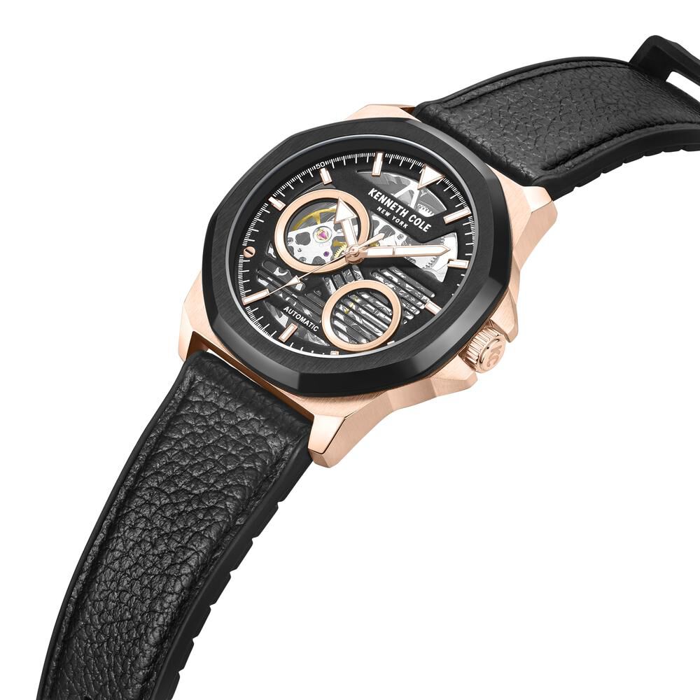 Kenneth Cole Automatic Black Dial Leather Strap Watch For Men