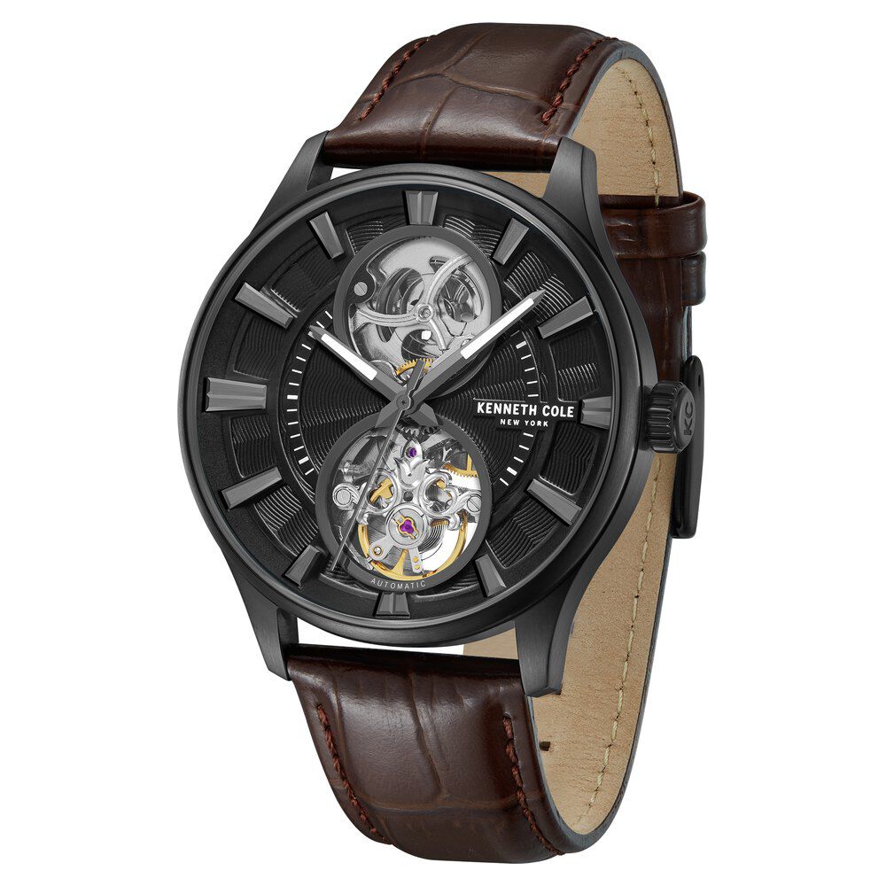 Kenneth Cole Automatic Black Dial With Tan Leather Strap Watch For Men KCWGX0049801MN