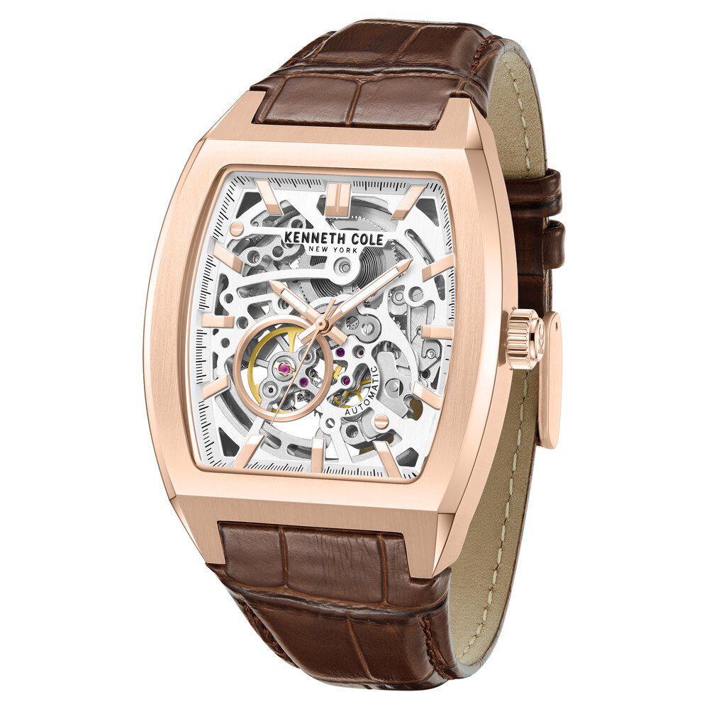 Kenneth Cole Automatic White Dial Leather Strap Watch For Men KCWGX0063802MN