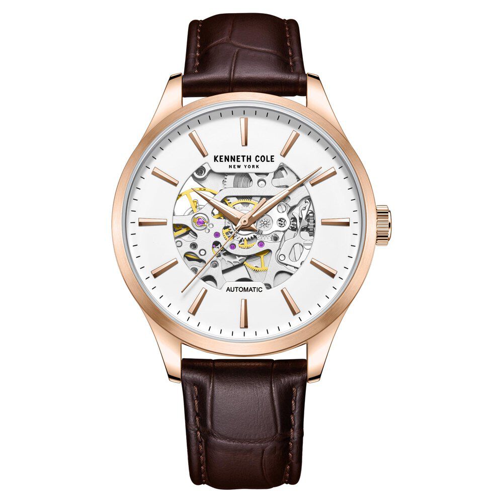 Kenneth Cole Automatic White Dial Leather Strap Watch For Men KCWGX2216901MN