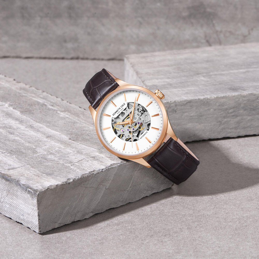 Kenneth Cole Automatic White Dial Leather Strap Watch For Men KCWGX2216901MN