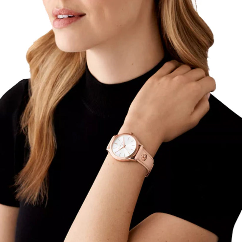 Slim Runway Women Quartz White Dial Analog Leather Watch MK7545