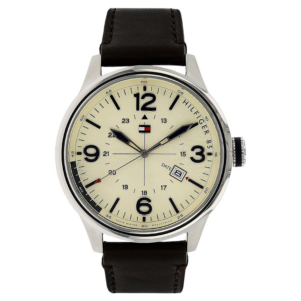 Tommy Hilfiger Quartz Analog Beige Dial Leather Strap Watch for Men-NATH1791102J