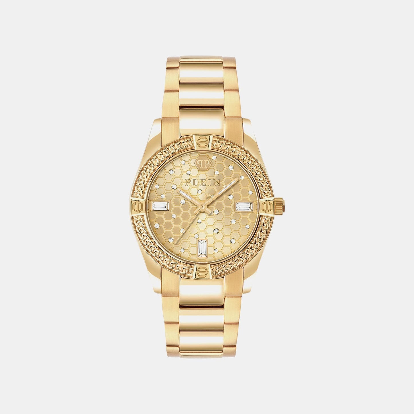 Plein Icon Chain Women Quartz Gold Dial Analog Stainless Steel Watch PW1FA0425