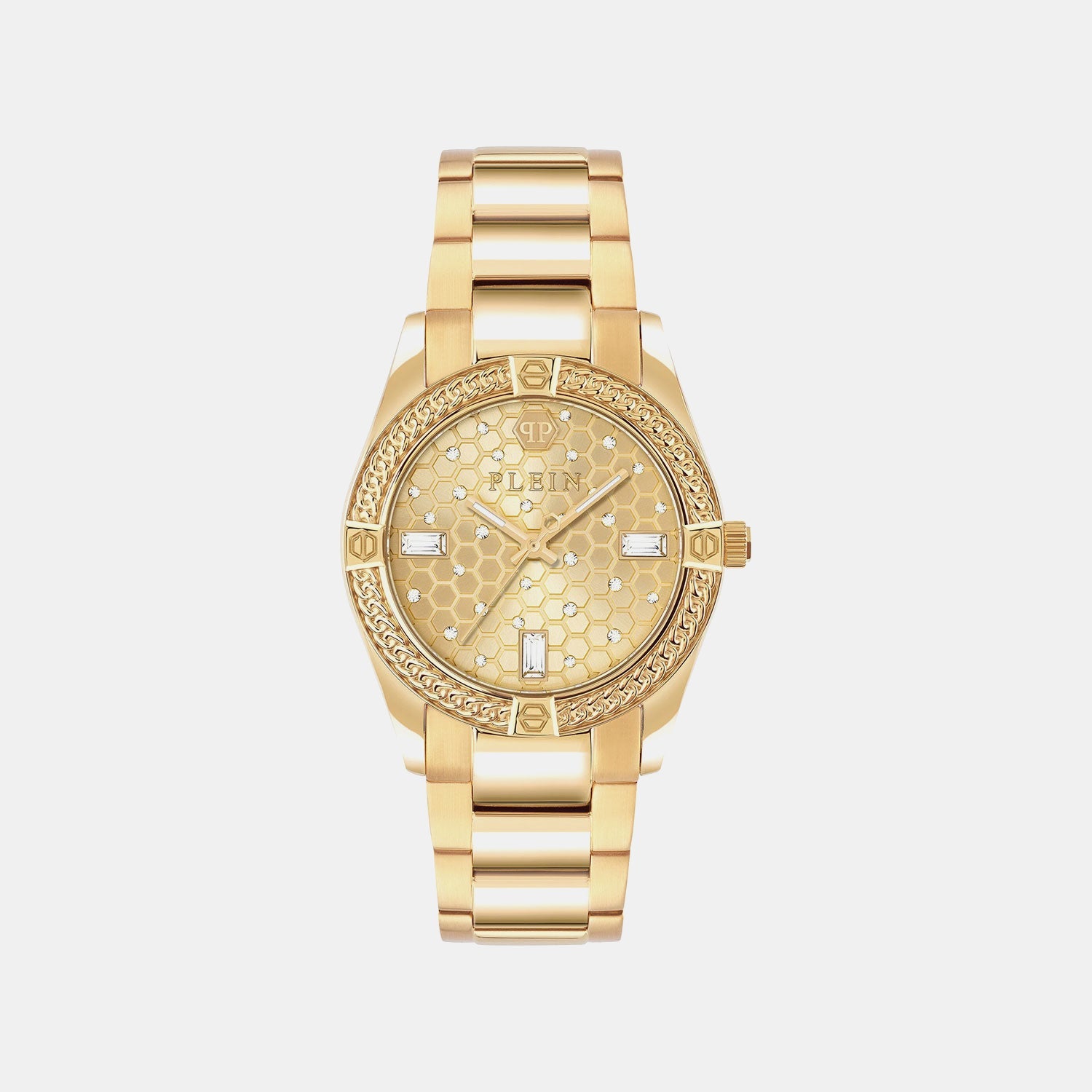 Plein Icon Chain Women Quartz Gold Dial Analog Stainless Steel Watch PW1FA0425