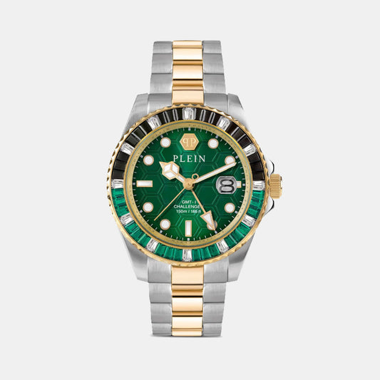 Pza-Gmt-I Challenger Bagu Men Quartz Green Dial Analog Stainless Steel Watch PWPZA0224