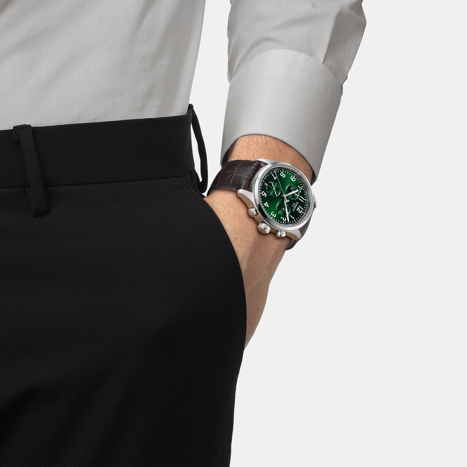 Men Quartz Green Dial Chronograph Leather Watch T1164171609200