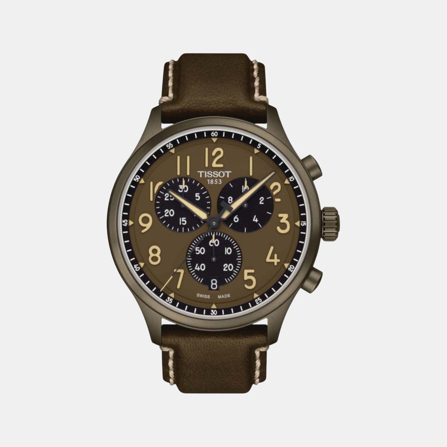 Men Quartz Brown Dial Chronograph Leather Watch T1166173609200