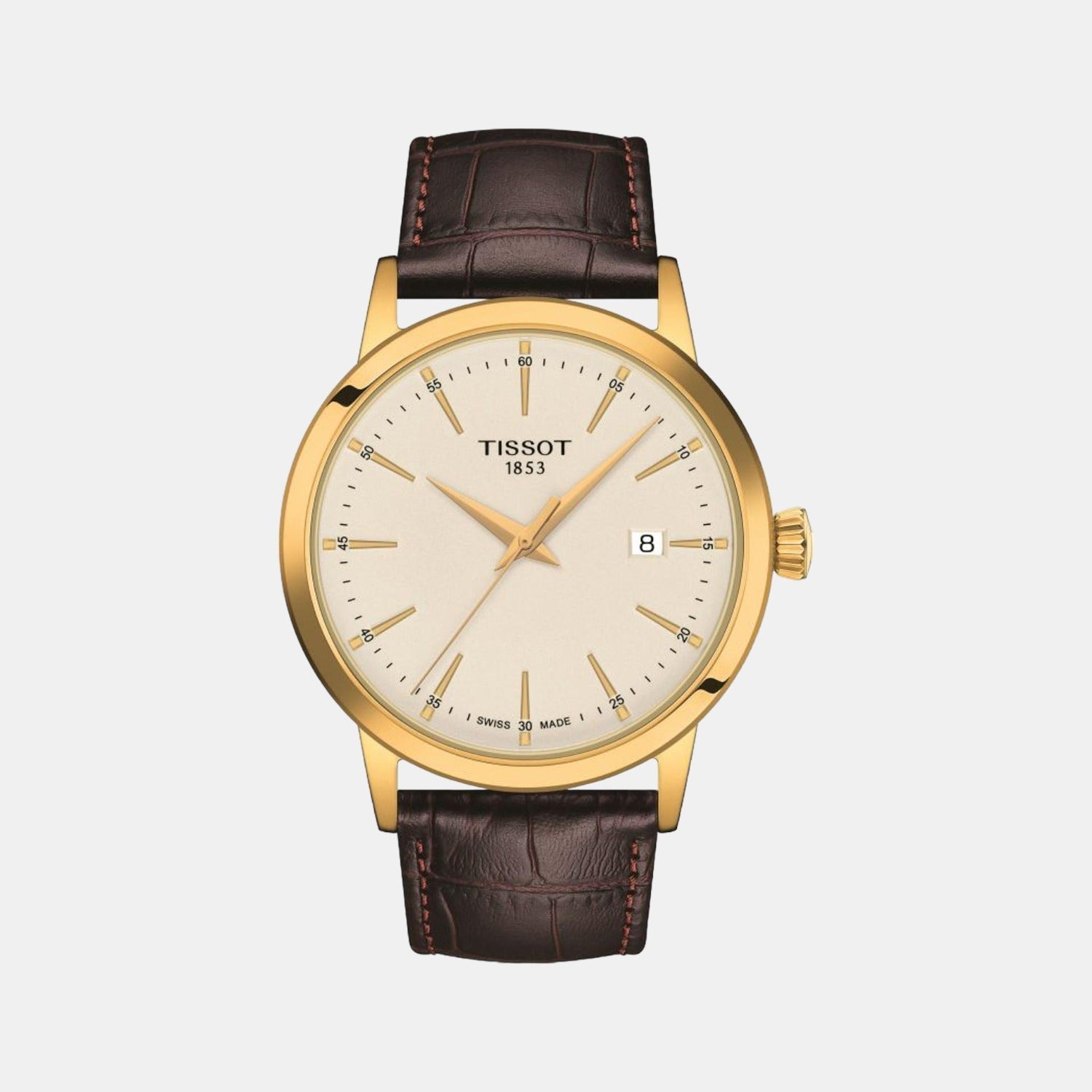 Classic Men Quartz Beige Dial Analog Leather Watch T1294103626100