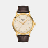 Classic Men Quartz Beige Dial Analog Leather Watch T1294103626100