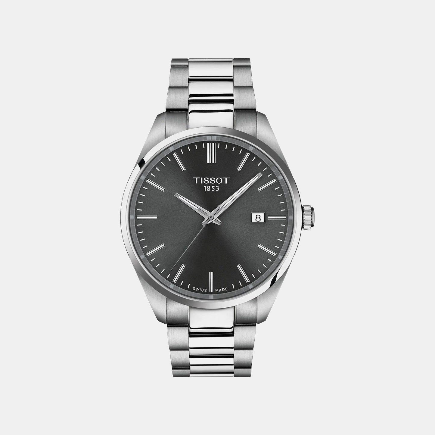 Pr 100 Men Quartz Grey Dial Analog Stainless Steel Watch T1504101108100