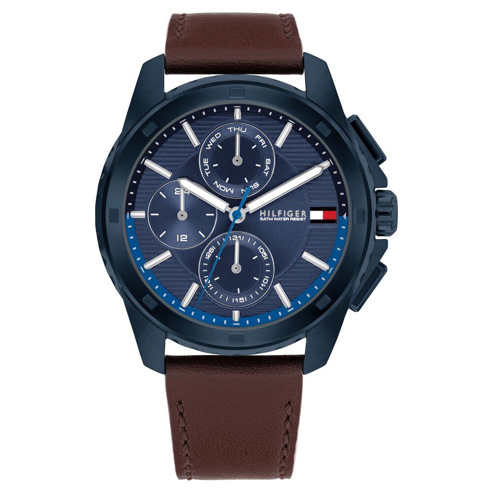 Tommy Hilfiger Multifunction Blue Dial Brown Leather Strap Watch for Men-NTTH1710632