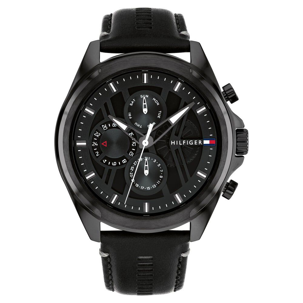 Tommy Hilfiger Multifunction Black Dial Black Color Leather Strap Watch For Men TH1710654