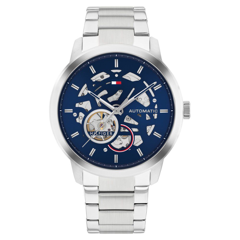 Tommy Hilfiger Automatic Blue Dial Silver Color Stainless Steel Strap Watch For Men