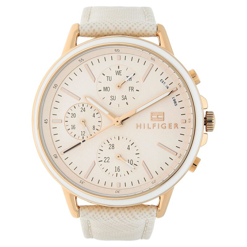 Tommy Hilfiger Quartz Analog With Day And Date Pink Dial Leather Strap Watch For Women