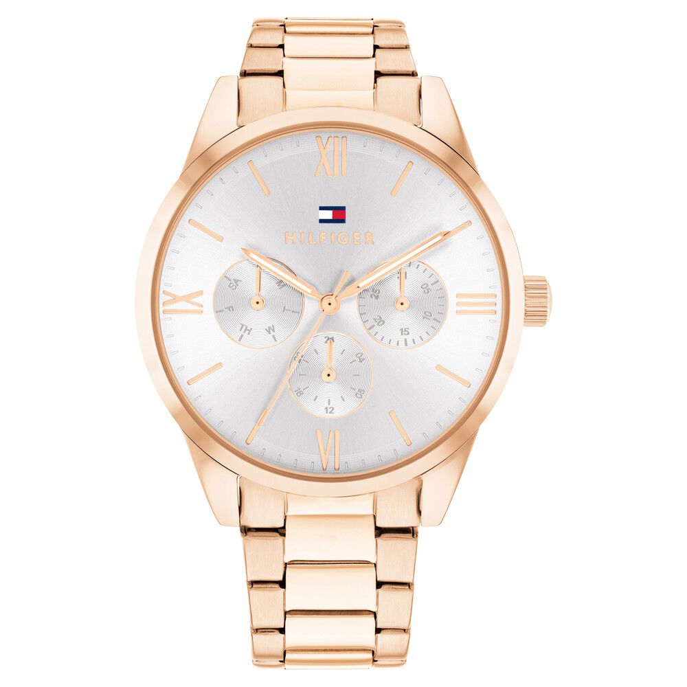 Tommy Hilfiger Multifunction Silver Dial Rose Gold Color Stainless Steel Strap Watch For Women TH1782747