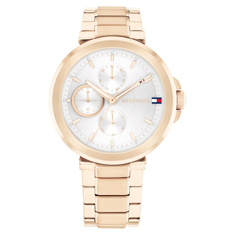 Tommy Hilfiger Multifunction Silver Dial Golden Color Stainless Steel Strap Watch For Women TH1782756
