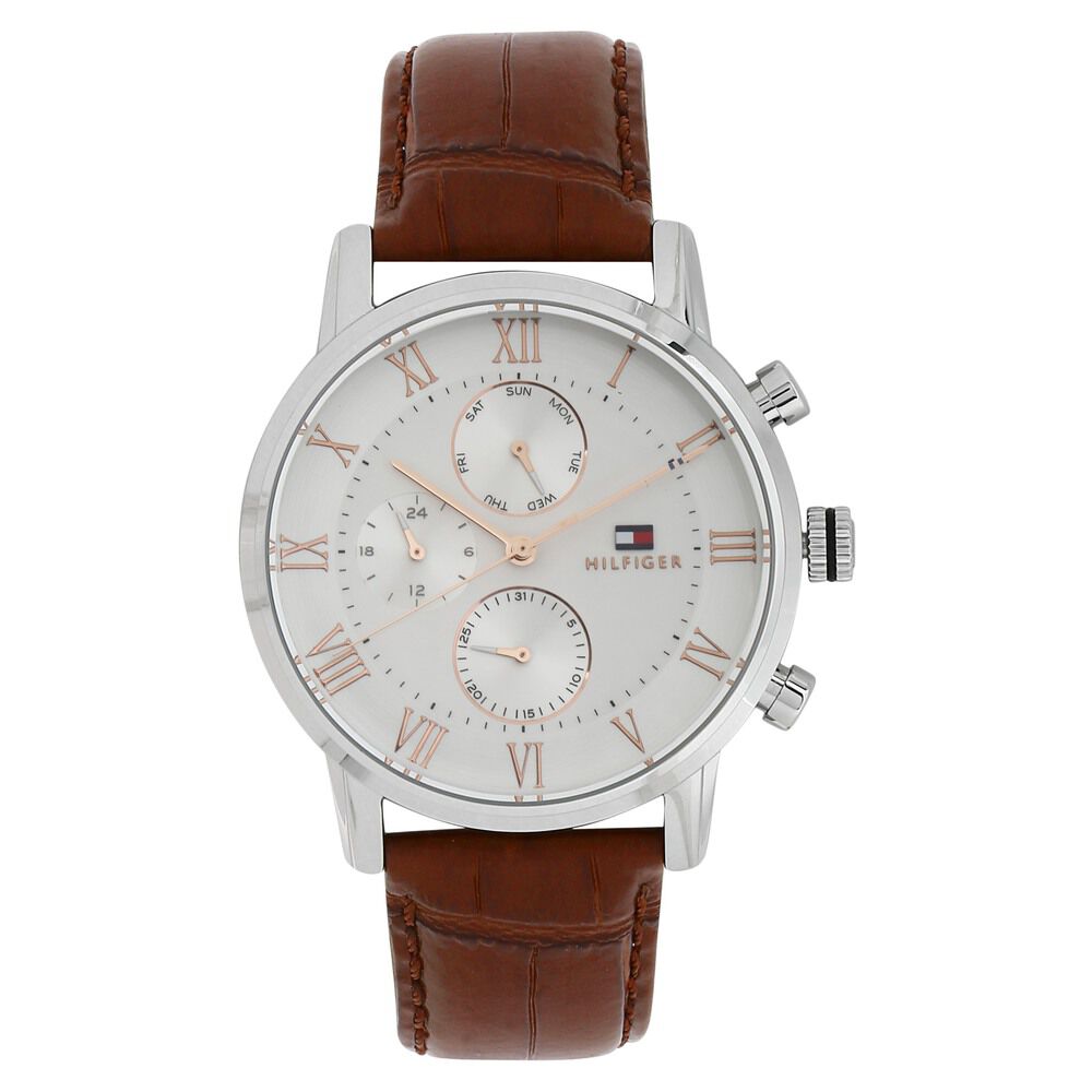 Tommy Hilfiger Multifunction Silver Dial Leather Strap Watch for Men-NTTH1791400