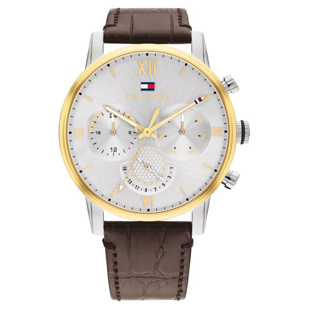 Tommy Hilfiger Multifunction Silver Round Dial Brown Leather Strap Watch For Men-NTTH1791884