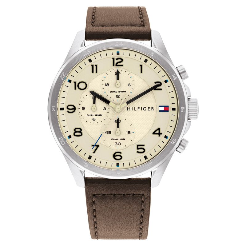 Tommy Hilfiger Quartz Multifunction Orange Dial Leather Strap Watch For Men