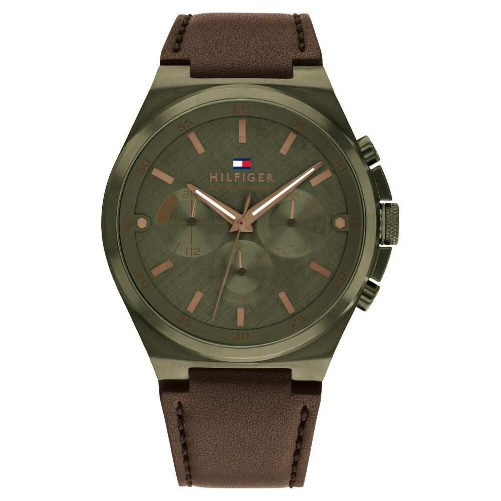 Tommy Hilfiger Multifunction Green Round Dial Brown Leather Strap Watch For Men-NTTH1792085