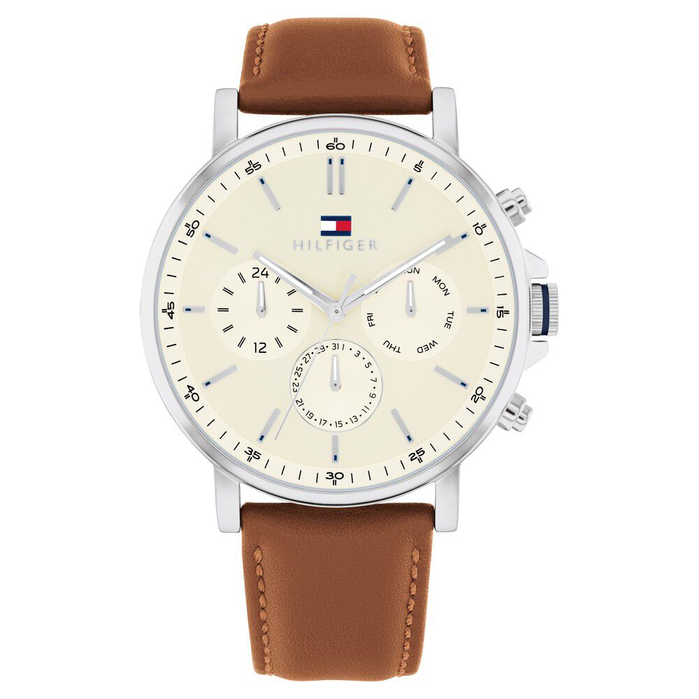 Tommy Hilfiger Quartz Multifunction Yellow Dial Brown Leather Strap Watch for Men TH1792143