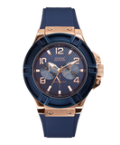 GUESS Mens Blue Rose Gold Tone Multi-function Watch