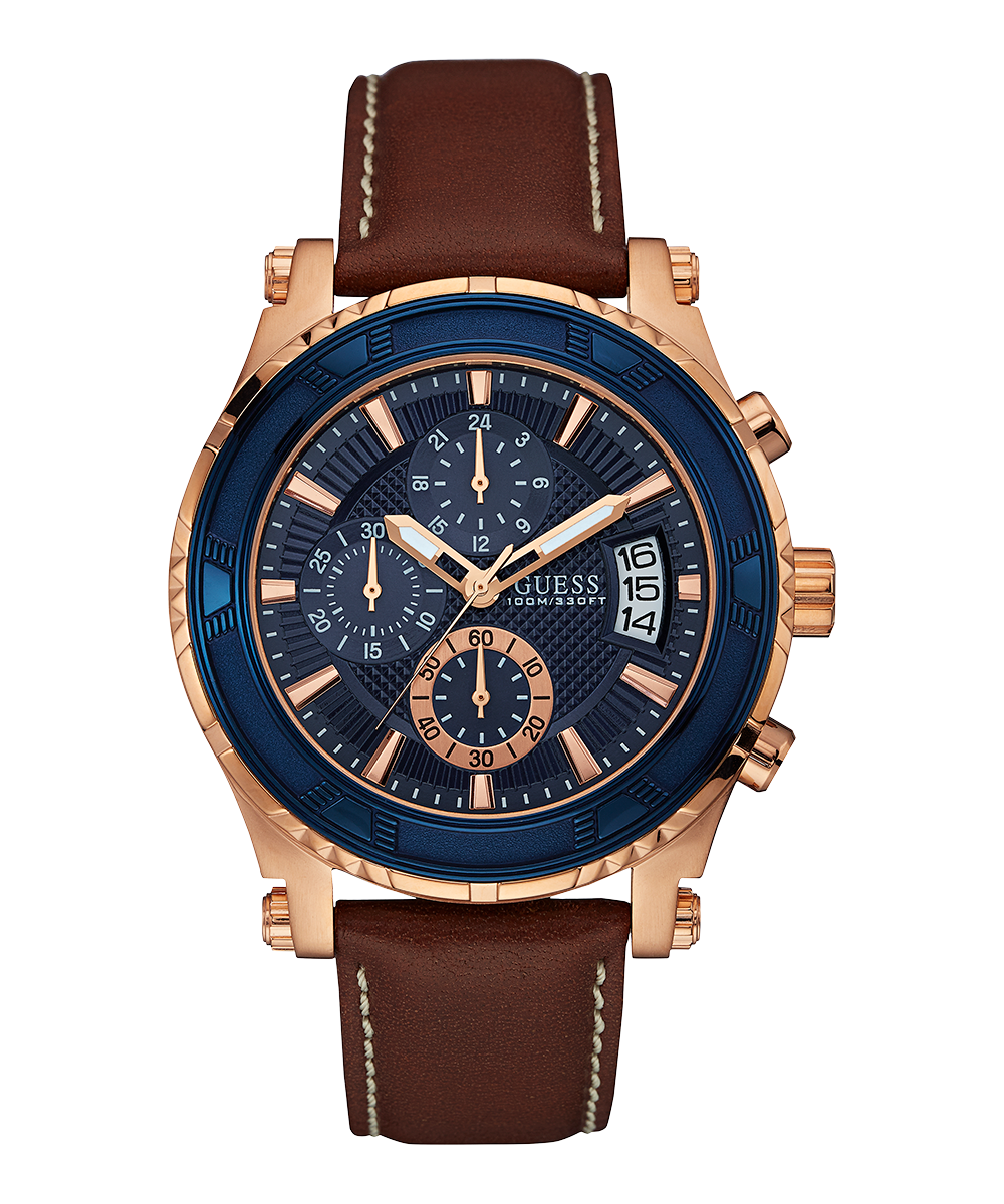 GUESS Mens Brown Rose Gold Tone Chronograph Watch