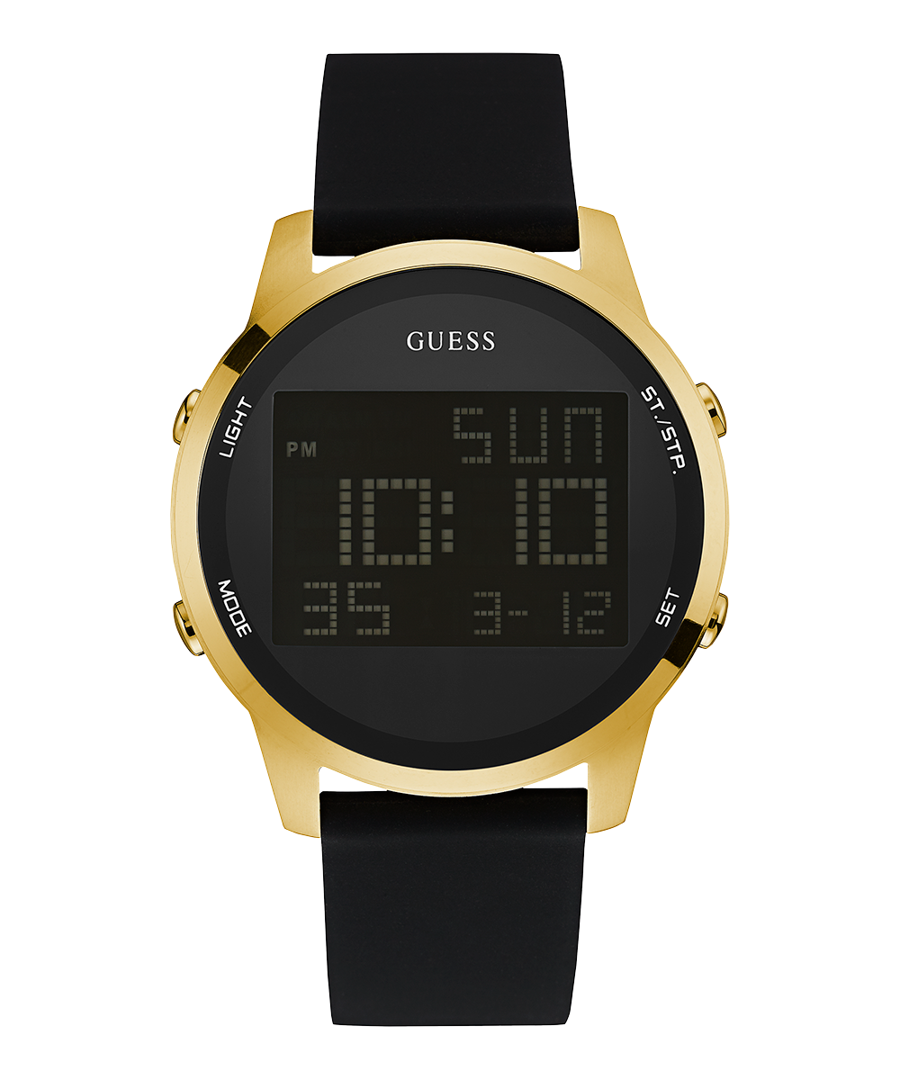 GUESS Mens Black Gold Tone Digital Watch