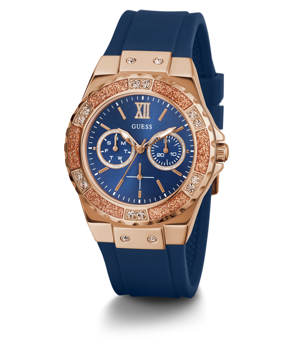 GUESS Ladies Blue Rose Gold Tone Multi-function Watch