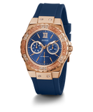 GUESS Ladies Blue Rose Gold Tone Multi-function Watch