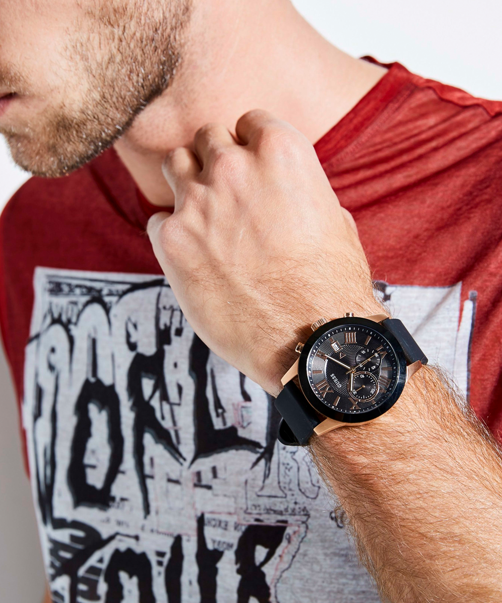 GUESS Mens Black Rose Gold Tone Chronograph Watch