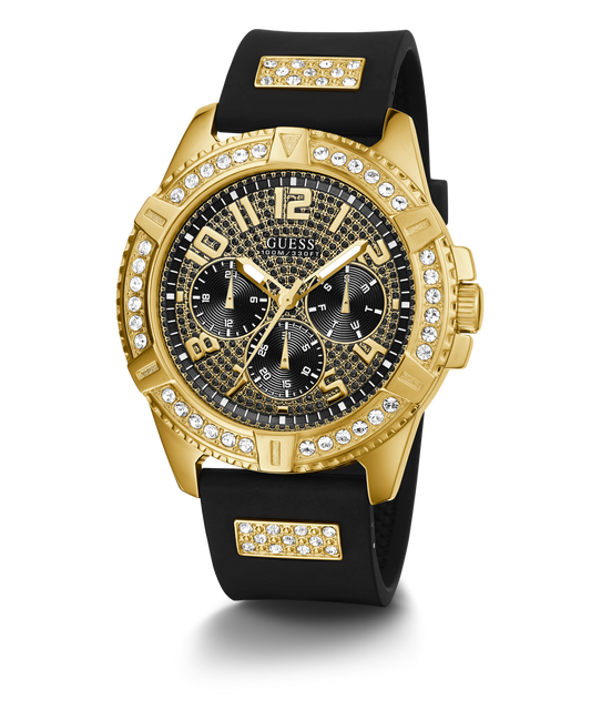 GUESS Mens Black Gold Tone Multi-function Watch