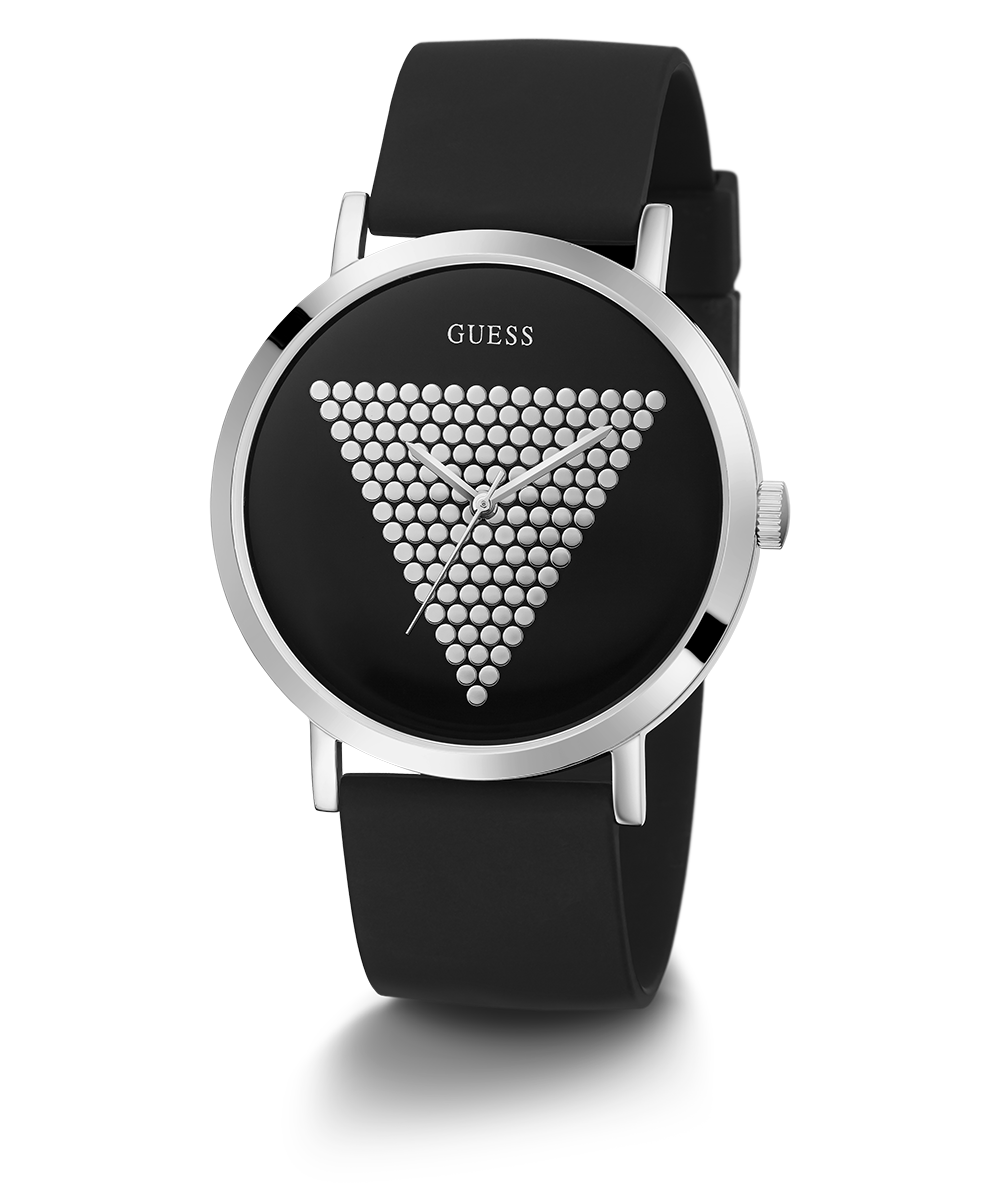 GUESS Mens Black Silver Tone Analog Watch