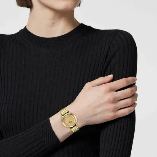 Versace Delphinus (Wc-0O) Women Quartz Gold Dial Analog Stainless Steel Watch VE0O00525