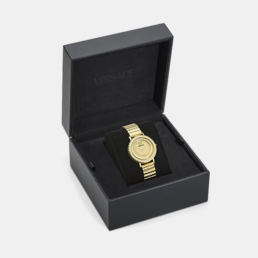 Versace Delphinus (Wc-0O) Women Quartz Gold Dial Analog Stainless Steel Watch VE0O00525