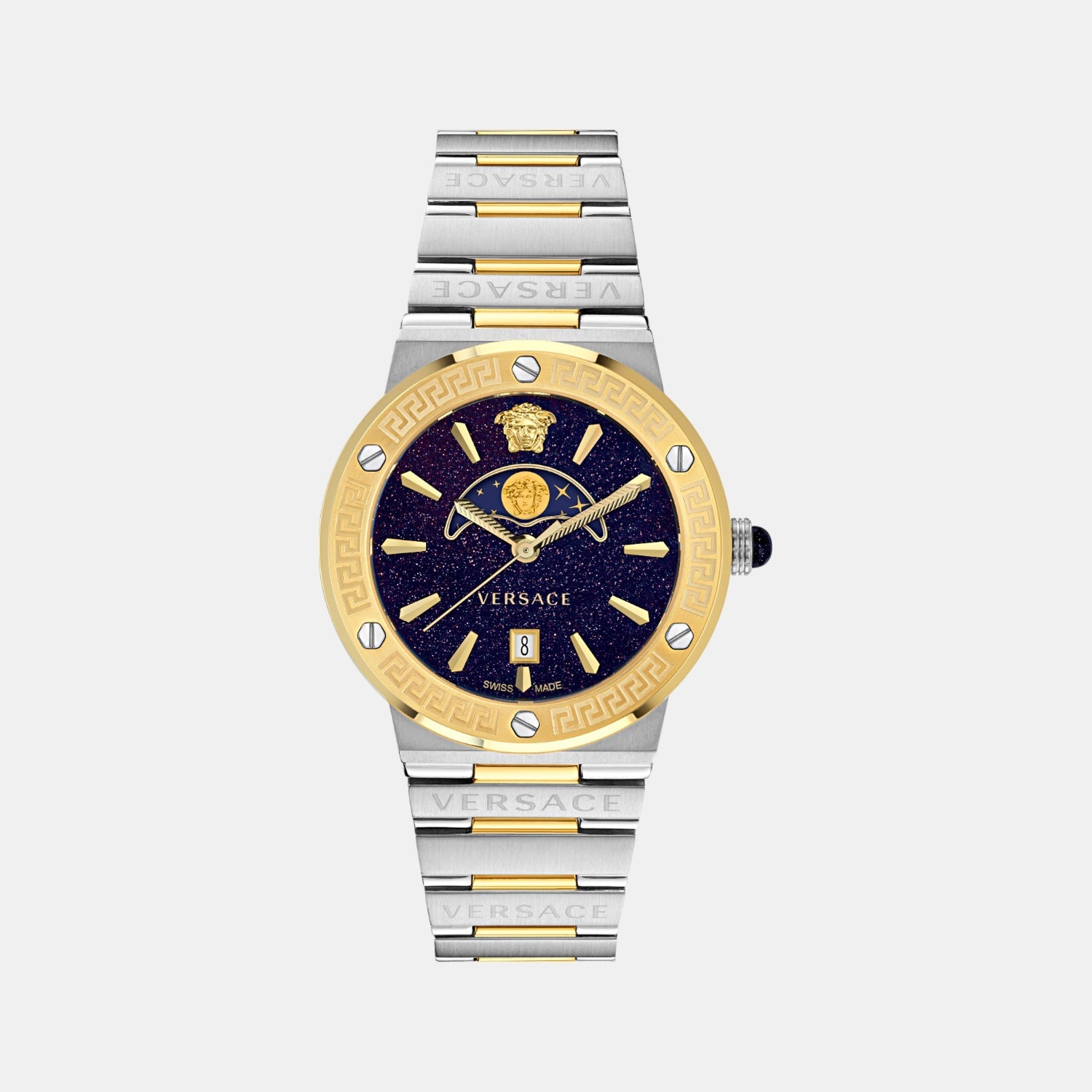 Greca Logo Moonphase Unisex Quartz Blue Dial Analog Stainless Steel Watch VE7G00223