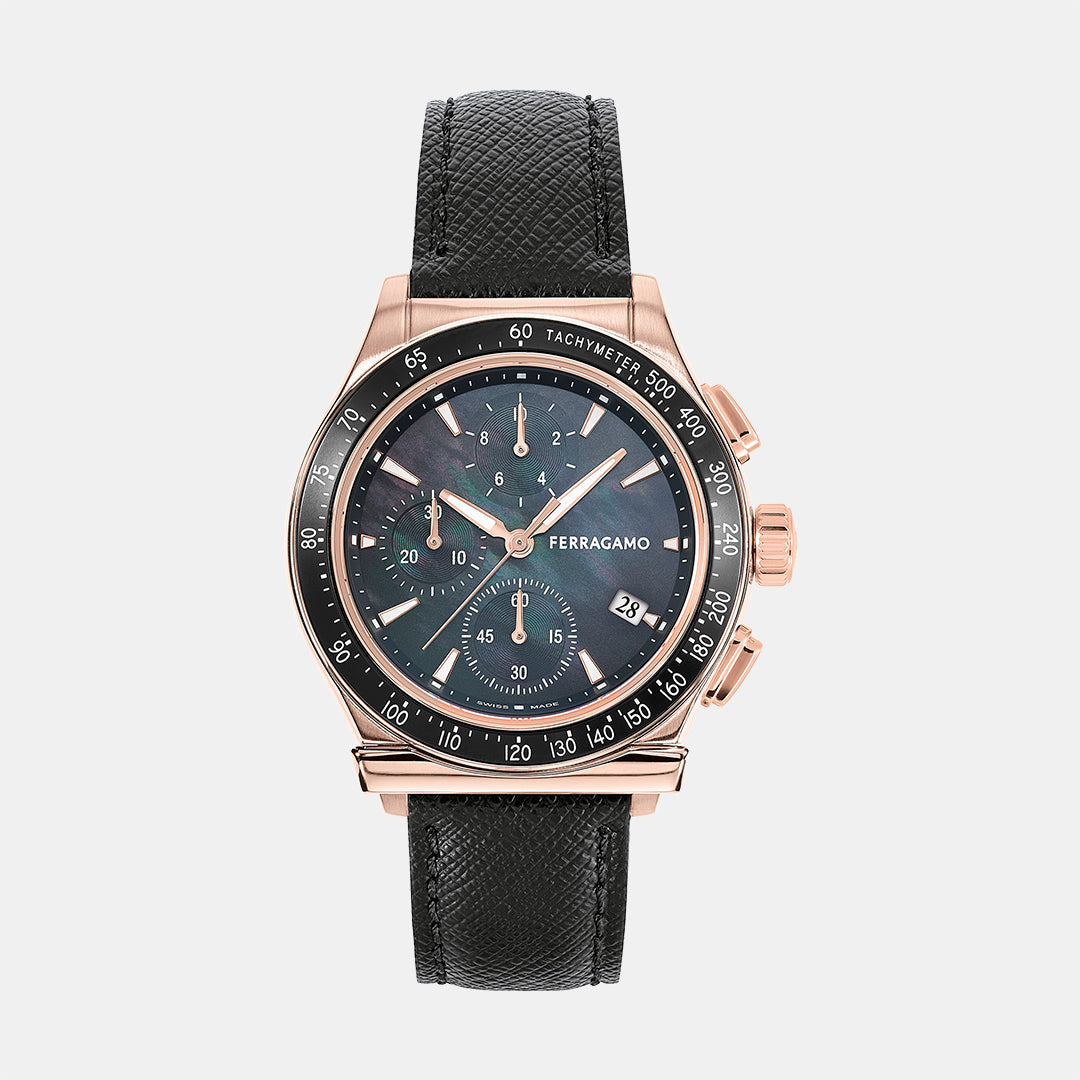 Kw-1927 Chrono Lady 38Mm- Unisex Quartz Black Dial Chronograph Leather Watch SFKW00123